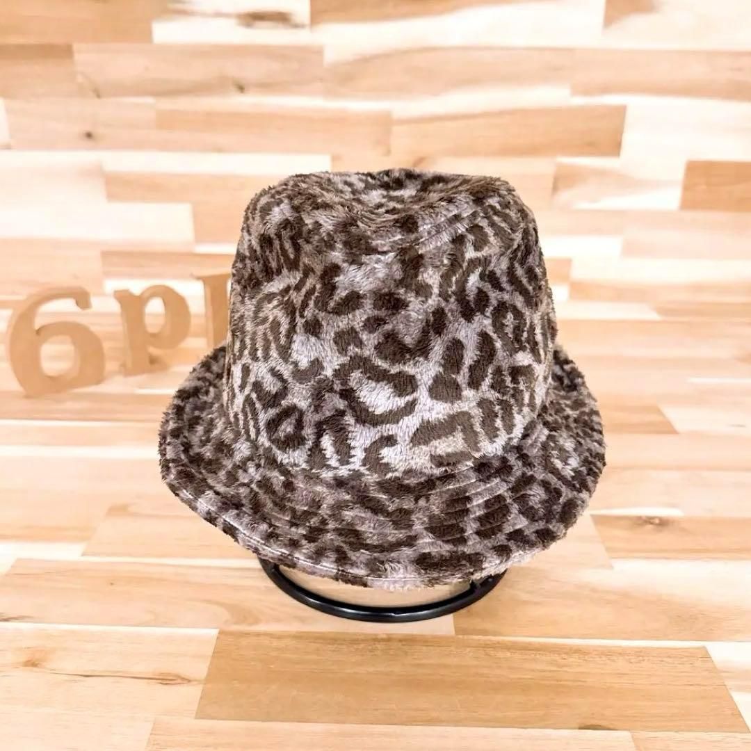 カシラ 豹レオパード柄 ファー 中折れハット アニマル 総柄 秋冬 M 茶×黒ブラック