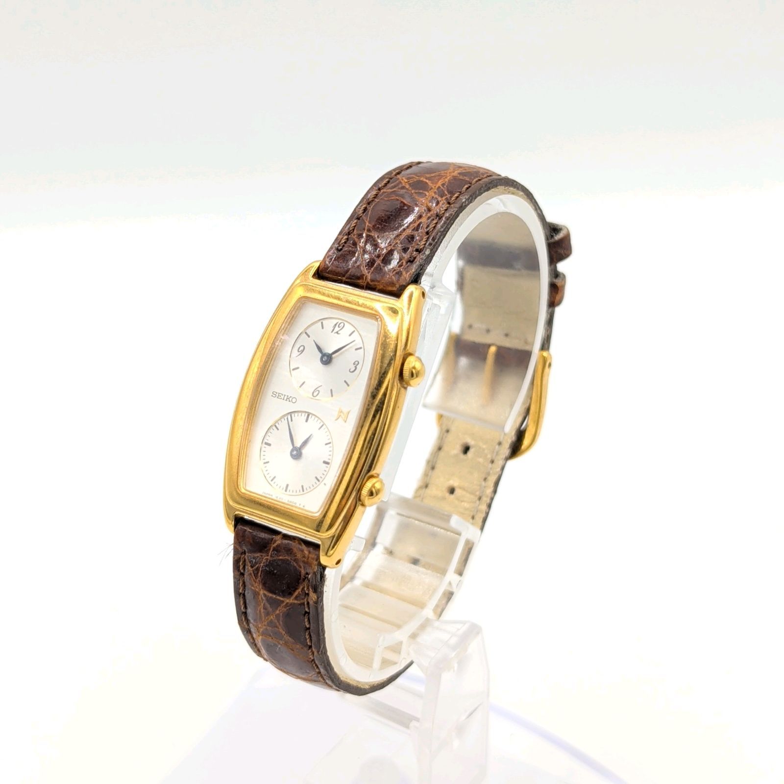 SEIKO 1 E 20-3 A 00 Watch Ladies QZ Square G Double Face Y 2 K S Vintage Working セイコー レディース 時計 クオーツ スクエア ゴールド ヴィンテージ ダブルフェイス 稼働品 大人カジュアル テーラード