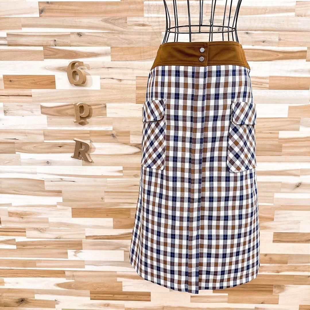 パブリックトウキョウ チェック柄 スカート 総柄 茶×アイボリー