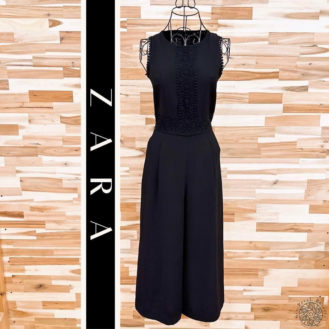 ザラ サークル フラワー レース ノースリーブ オールインワンXS 黒ブラック