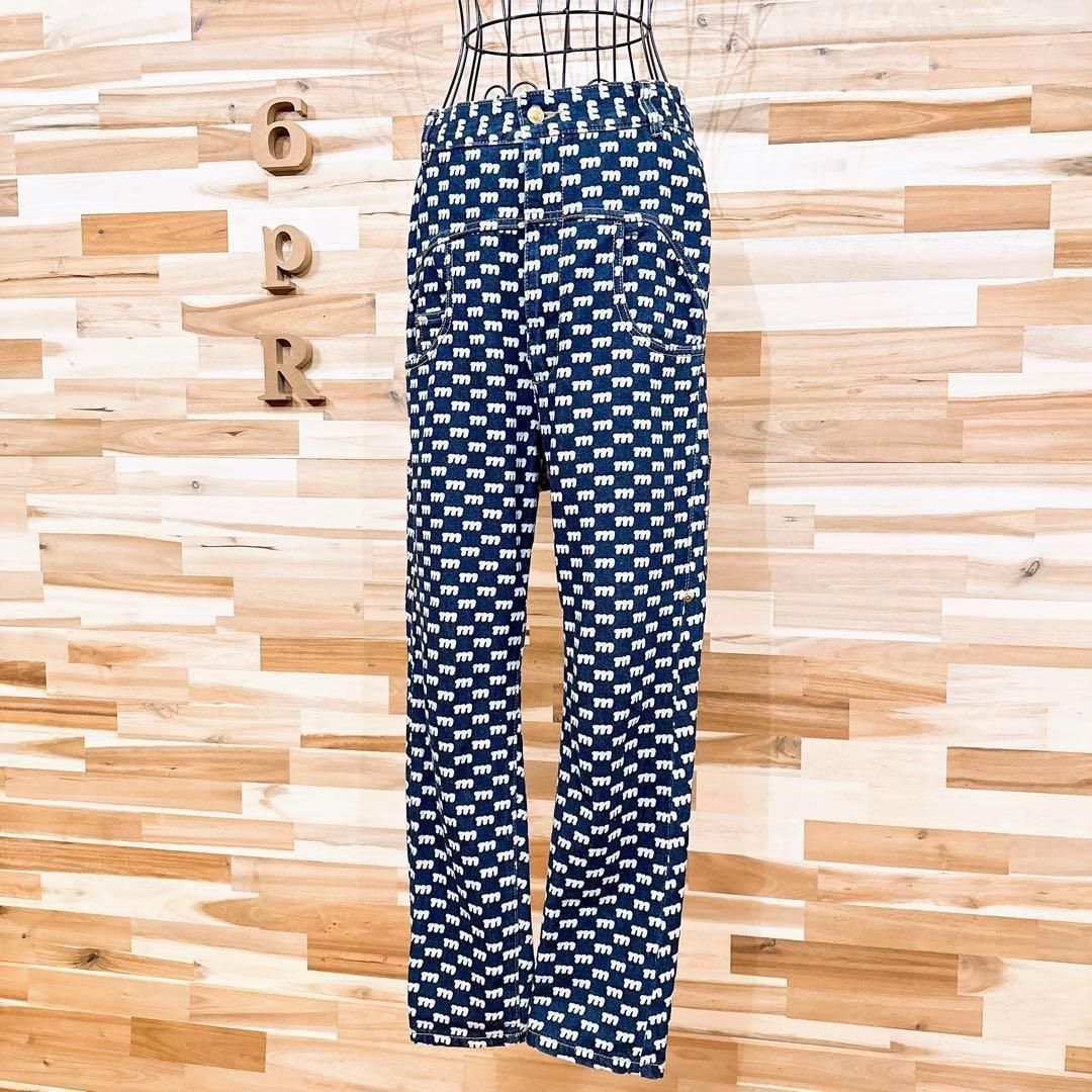 激 メルシーボークー 総柄 mロゴ デニム サルエルパンツ M相当 紺×白