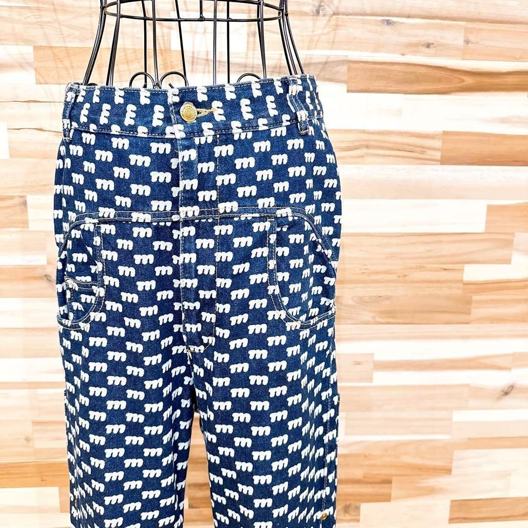 激 メルシーボークー 総柄 mロゴ デニム サルエルパンツ M相当 紺×白