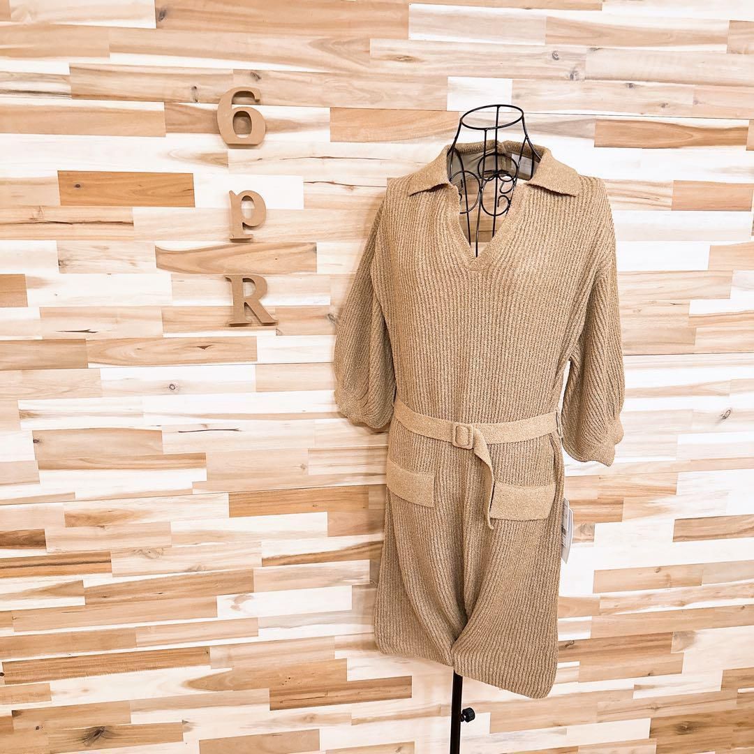 アメリ Vネック パイル ニット オールインワン サロペット S 茶