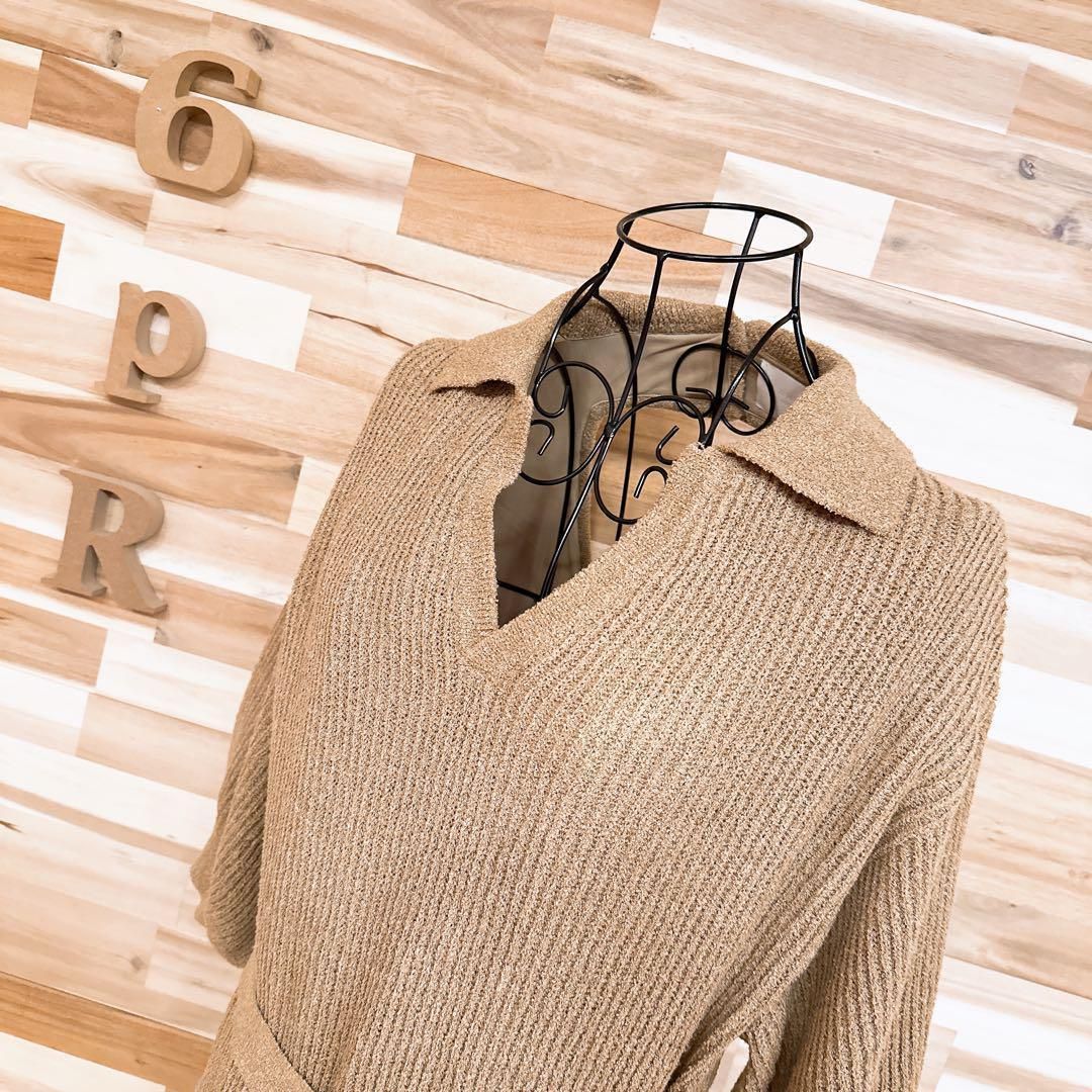 アメリ Vネック パイル ニット オールインワン サロペット S 茶