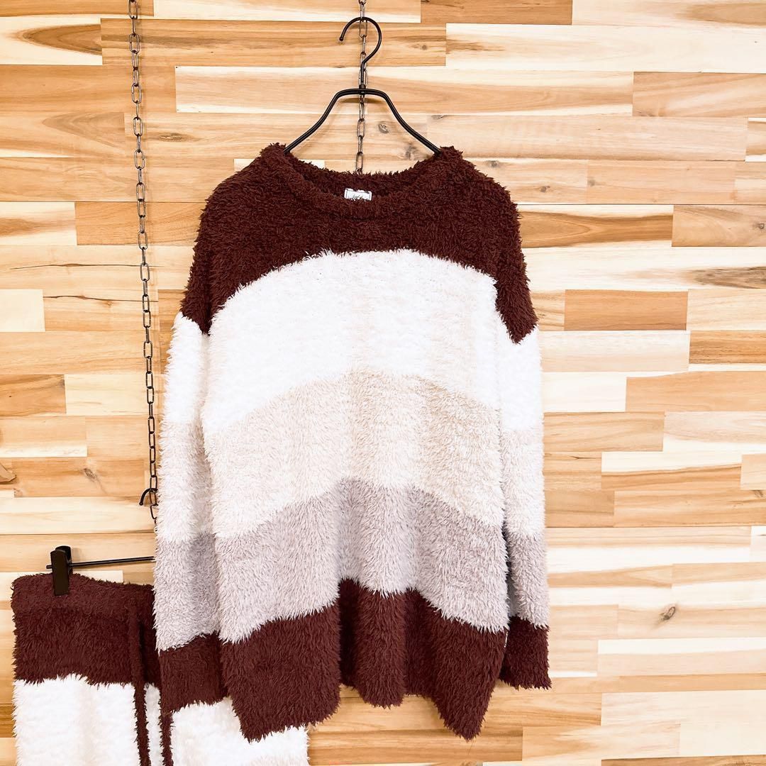 ジェラートピケ グラデーション ボーダー もこもこルームウェア セットアップ茶