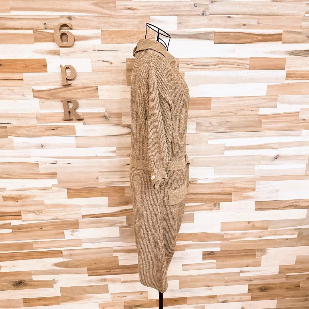  アメリ Vネック パイル ニット オールインワン サロペット S 茶 サロペット オーバーオール オールインワン レディース