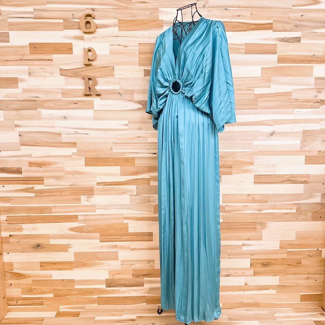 ザラ ドレープ プリーツ ロング オールインワン ドレス M緑エメラルド