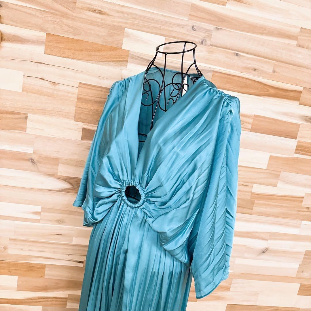 ザラ ドレープ プリーツ ロング オールインワン ドレス M緑エメラルド