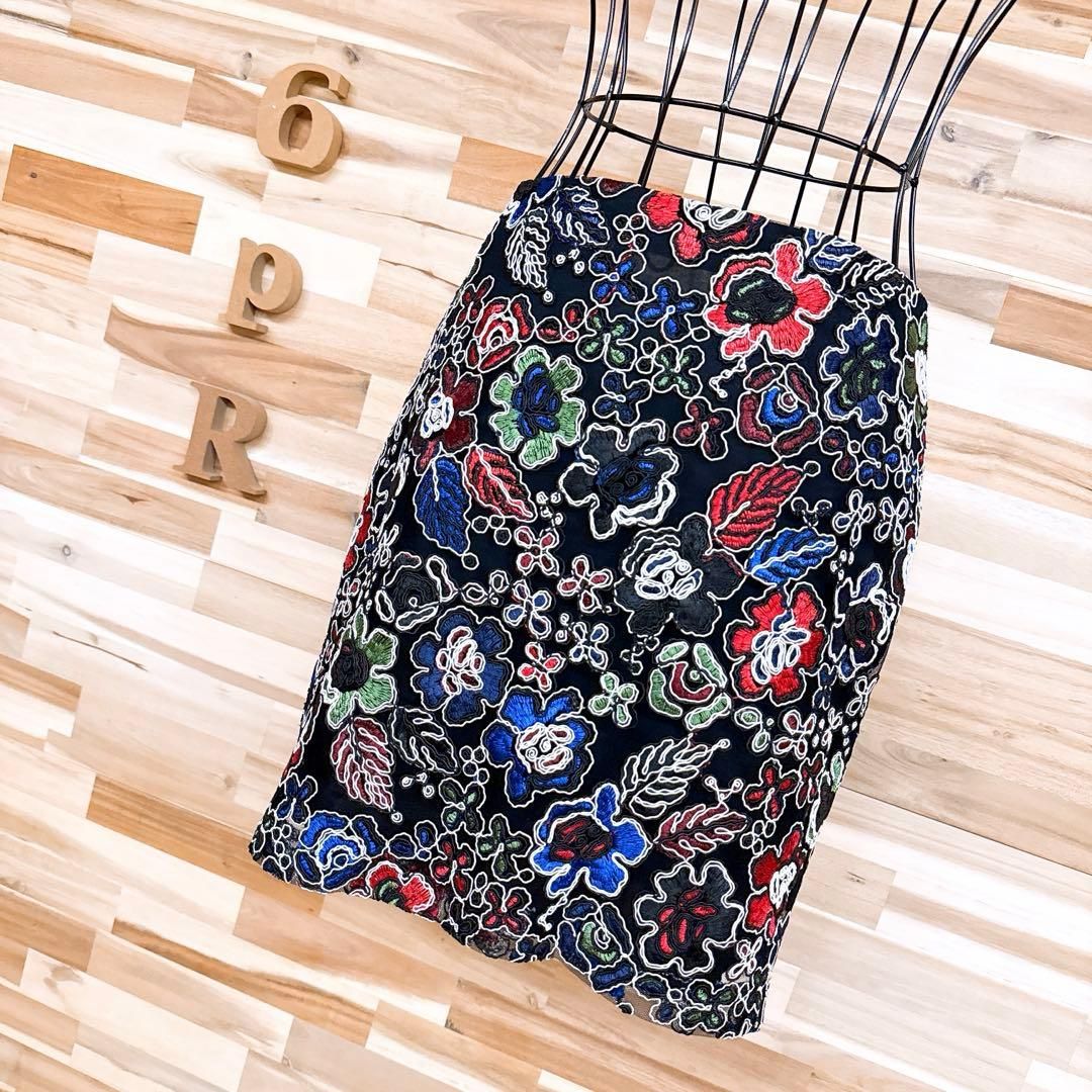 ザラ チュール メッシュ ミニ スカート カラフル 花柄 刺繍 S 黒×白