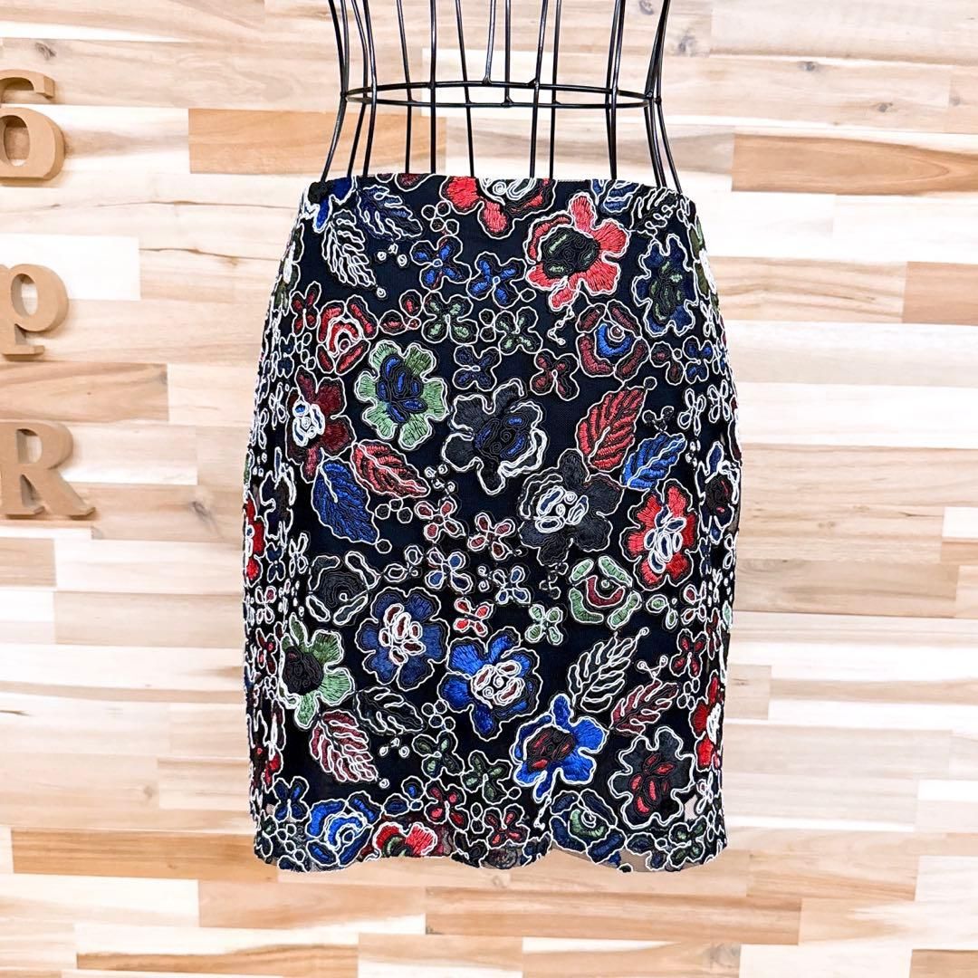 ザラ チュール メッシュ ミニ スカート カラフル 花柄 刺繍 S 黒×白