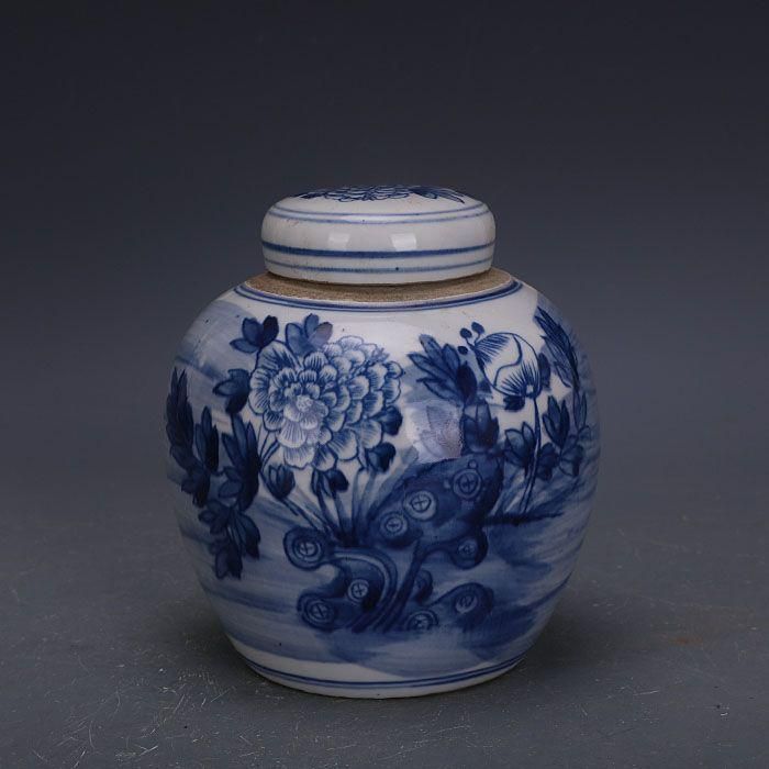 中国美術 手描き鯖牡丹紋蓋缶茶壺 茶道具 陶磁器 工芸品 美術品 置物