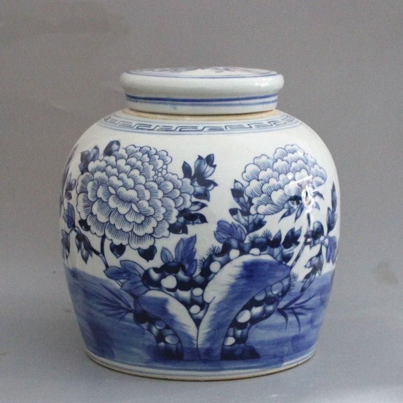 清末民国 鯖牡丹紋蓋缶 茶葉缶 景徳鎮 陶磁器 装飾品 工芸