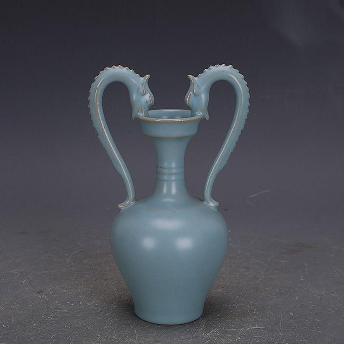 宋汝窯手製青釉支釘双龍尊瓶 景徳鎮 陶磁器 装飾品 現代工芸品 美術品