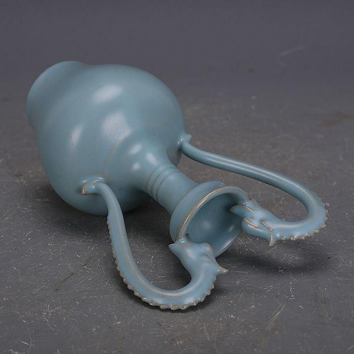 宋汝窯手製青釉支釘双龍尊瓶 景徳鎮 陶磁器 装飾品 現代工芸品 美術品