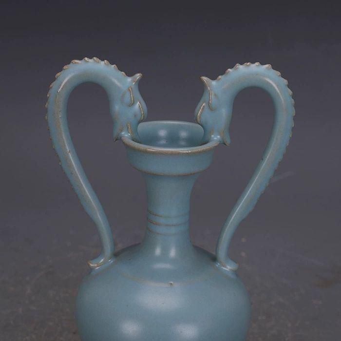宋汝窯手製青釉支釘双龍尊瓶 景徳鎮 陶磁器 装飾品 現代工芸品 美術品