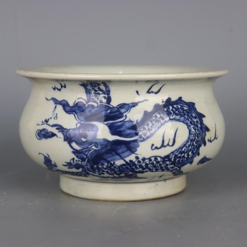 清康煕青花竜紋香炉 景徳鎮 陶磁器 装飾品 現代工芸品 美術品 置物