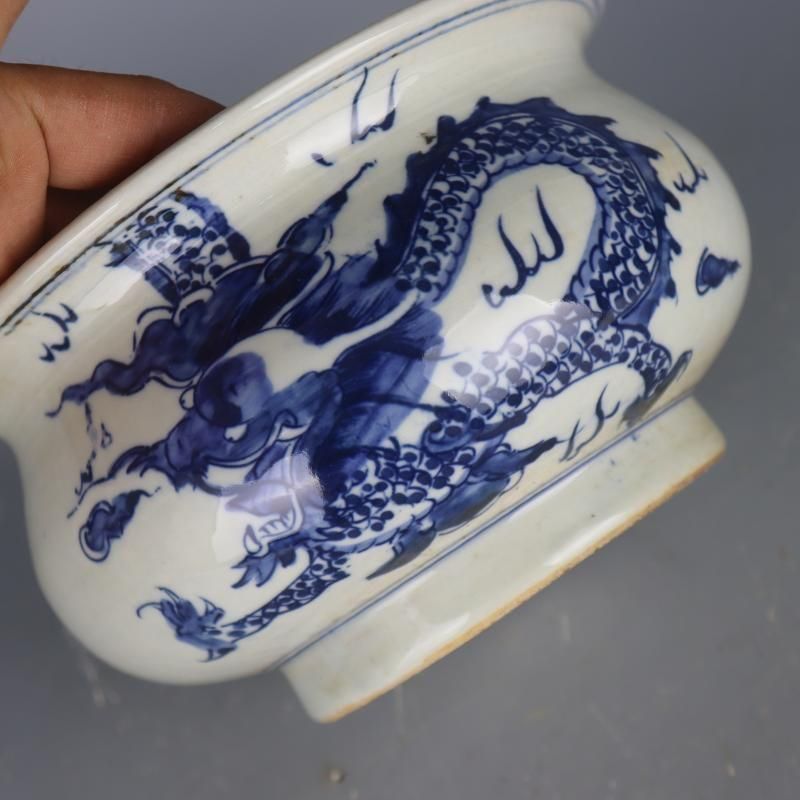 清康煕青花竜紋香炉 景徳鎮 陶磁器 装飾品 現代工芸品 美術品 置物