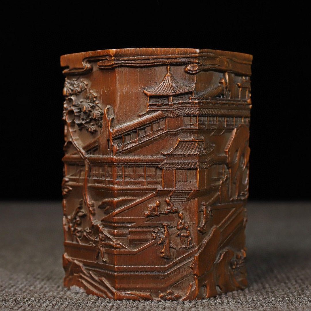 竹 彫刻 亭台楼閣筆箱 書道具 文房具 現代工芸品 美術品 置物 - メルカリ