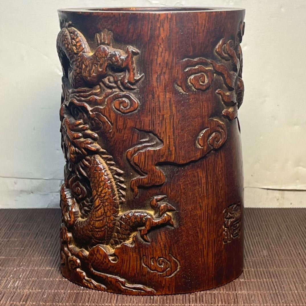 木彫り 二龍戯珠筆箱 書道具 文房具 現代工芸品 美術品 置物 - メルカリ