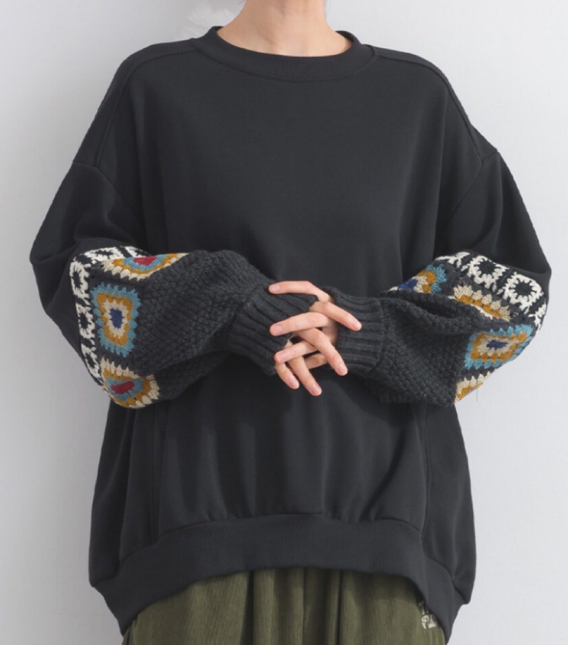 新品】iriey（アイリー） CT 裏毛 クロシェ コンビ ニット モチーフ 袖