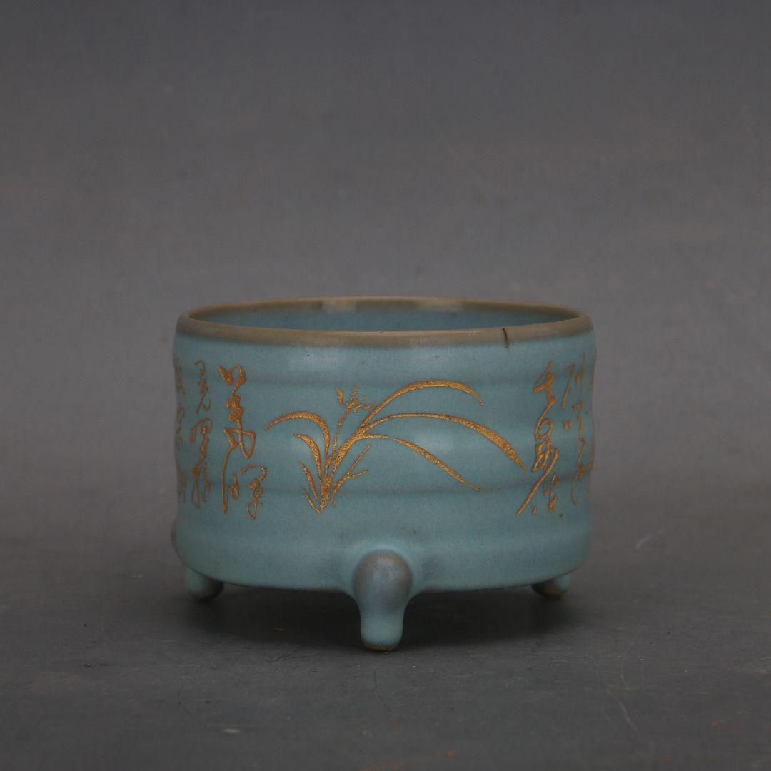 宋汝窯天青釉徽宗御題千字文草書三足香炉 陶磁器 装飾品 現代工芸品