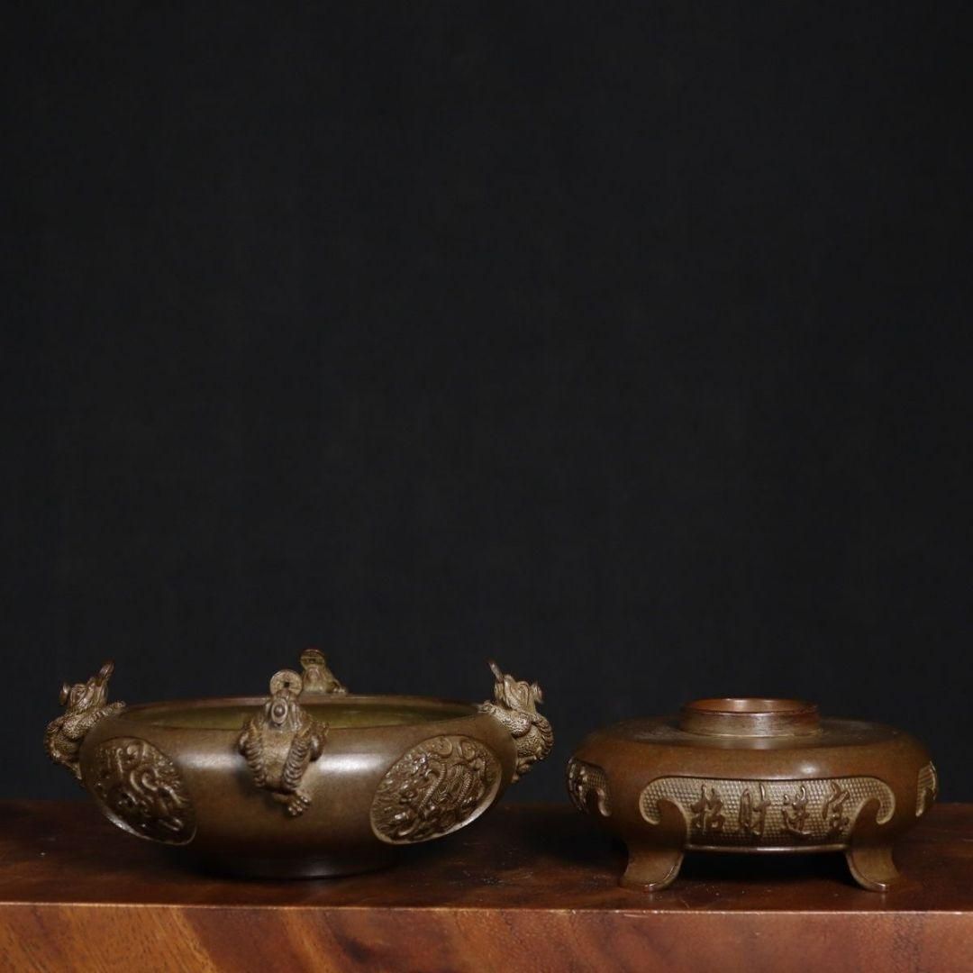 銅器 香炉 四神獣四方来財聚宝盆香炉 仏堂供養炉 装飾品 工芸品 置物
