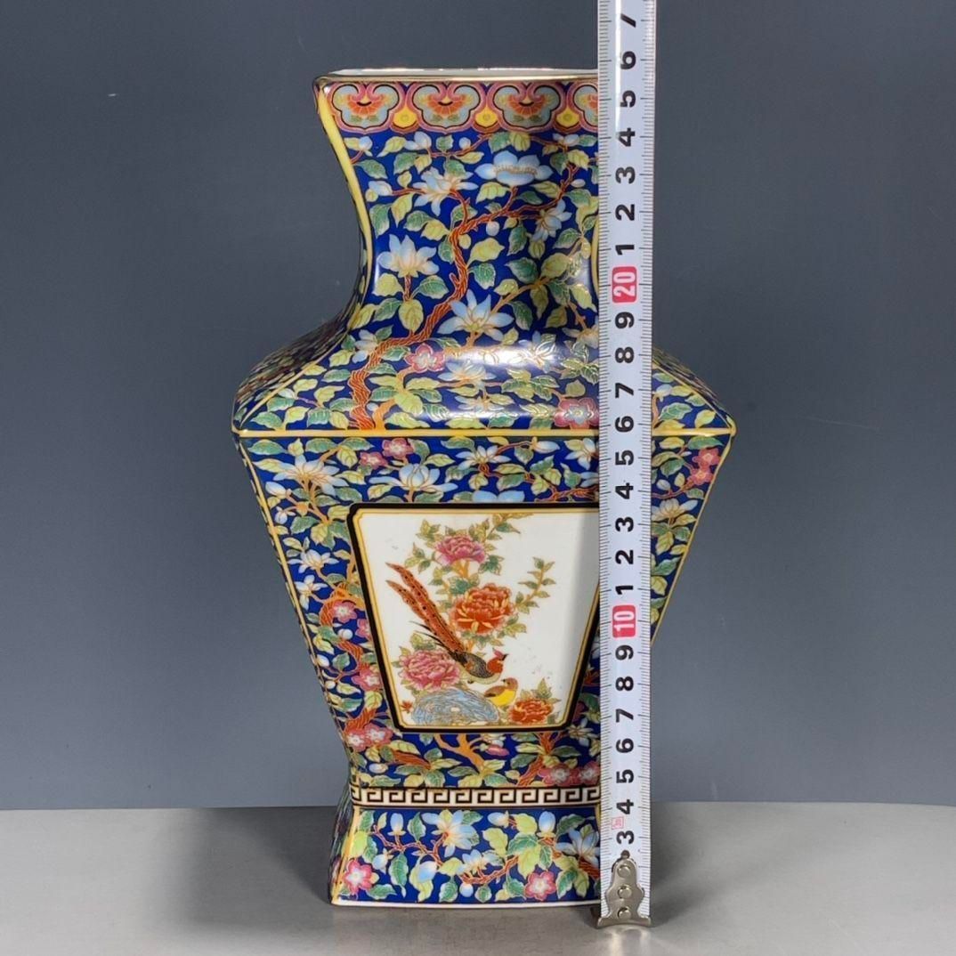 パステル琺瑯彩花鳥蒔絵四方尊瓶 景徳鎮 陶磁器 装飾品 現代工芸品