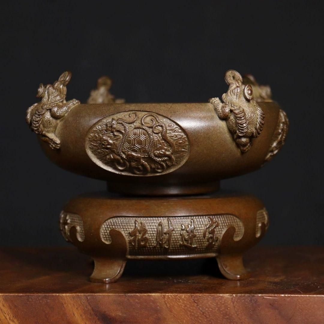 銅器 香炉 四神獣四方来財聚宝盆香炉 仏堂供養炉 装飾品 工芸品 置物