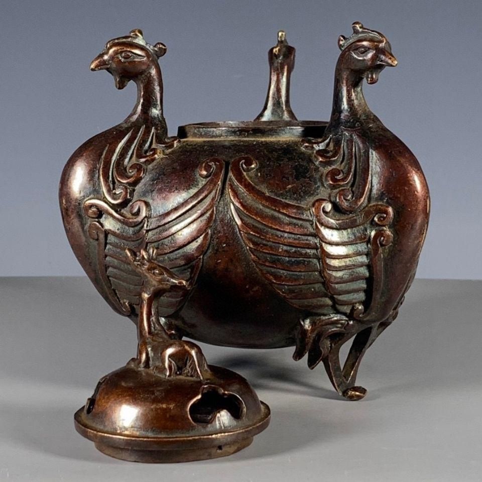 三鳳凰銅香炉 香薫炉 銅炉 三足鼎 銅器 香道具 装飾品 工芸品 三鳳凰銅