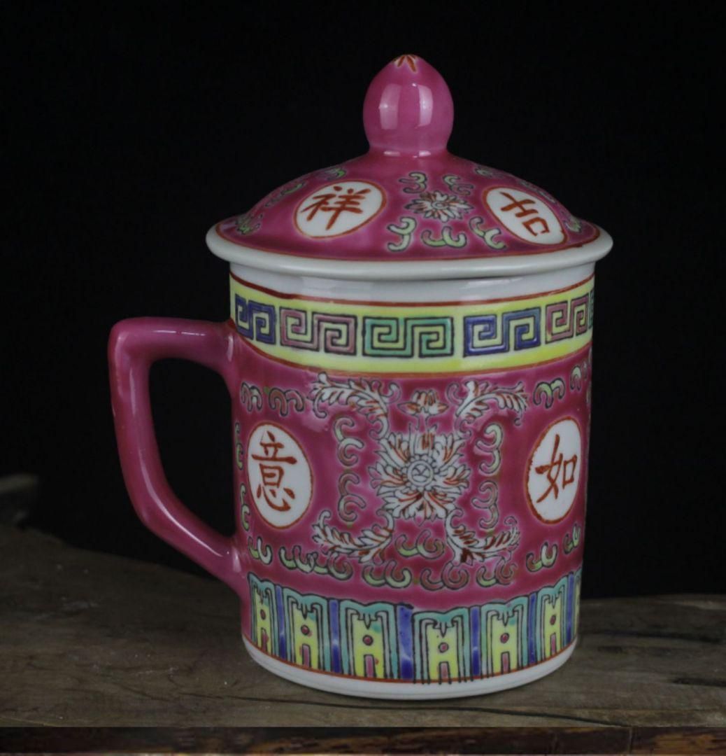 中国美術 茶杯 粉彩 清代 茶道具 景徳鎮 粉彩手画緑万寿無疆茶蓋杯ボス杯 事務杯 茶道具 現代工芸品