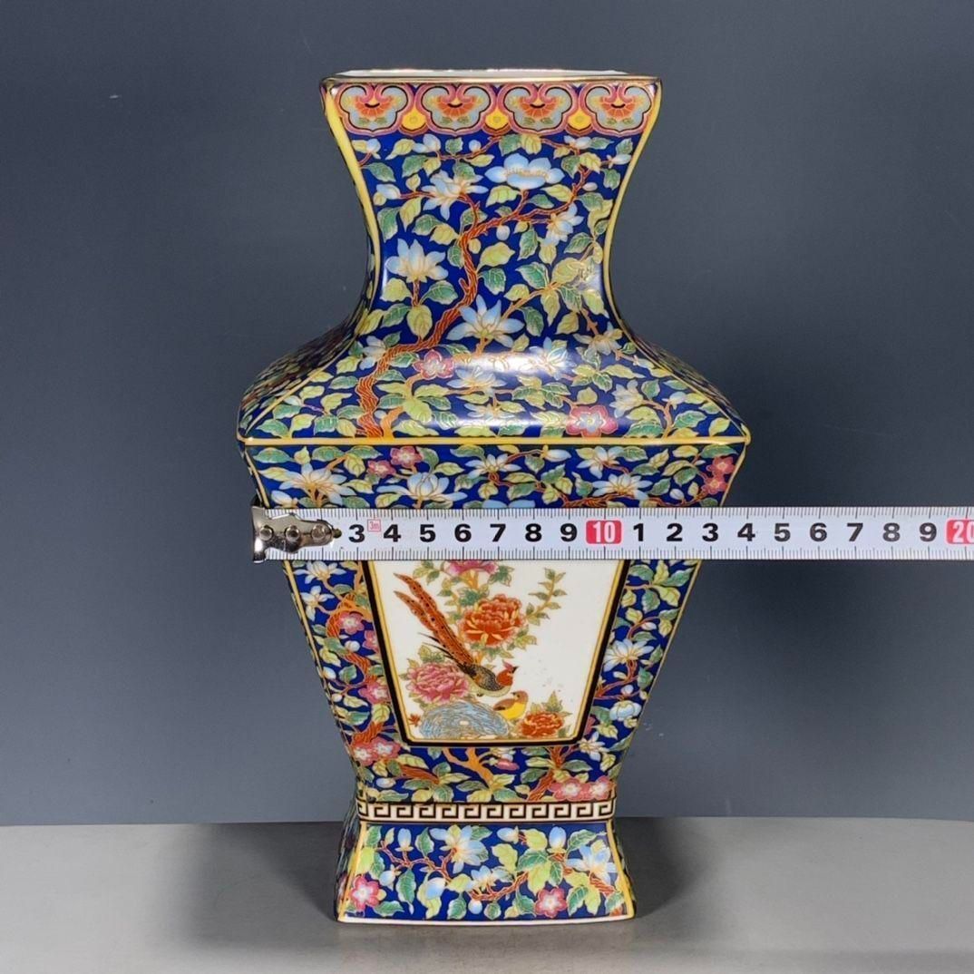 パステル琺瑯彩花鳥蒔絵四方尊瓶 景徳鎮 陶磁器 装飾品 現代工芸品