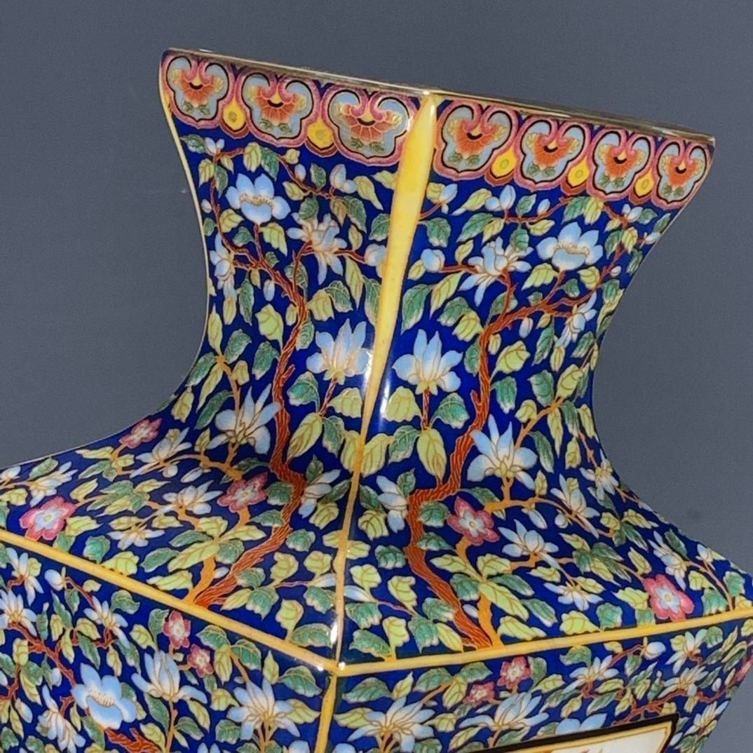 パステル琺瑯彩花鳥蒔絵四方尊瓶 景徳鎮 陶磁器 装飾品 現代工芸品