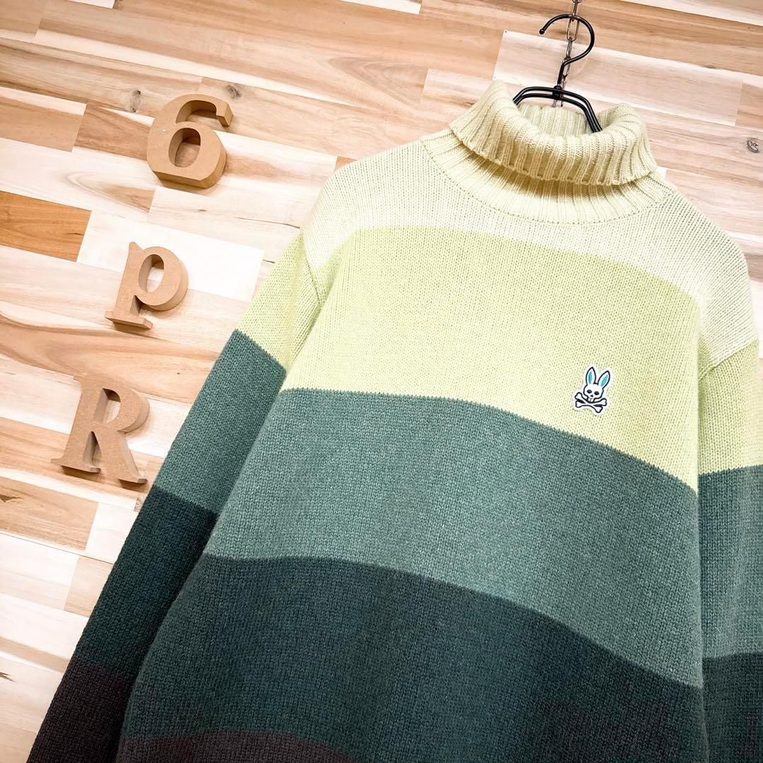 サイコバニー グラディーション ワイド ボーダー ニット セーター 長袖L 緑