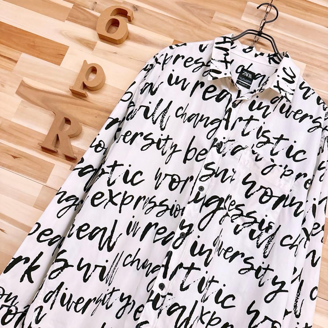 ザラ メッセージ テキスト グラフィック デザイン長袖シャツ 総柄 L 白×黒ブラック モノトーン