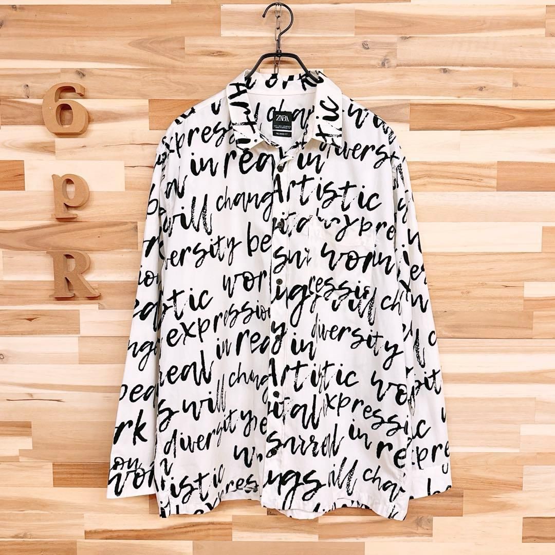 ザラ メッセージ テキスト グラフィック デザイン長袖シャツ 総柄 L 白×黒ブラック モノトーン