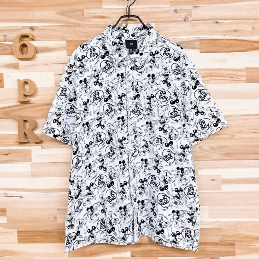【エイチアンドエム×ディズニー】限定コラボ ミッキー 半袖シャツ XL 白×黒ブラック モノトーン