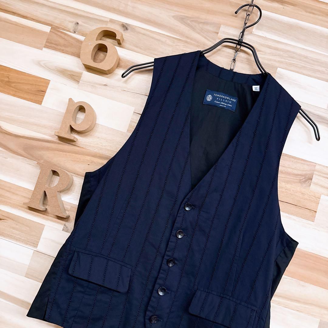 トゥモローランド ストライプ カットワーク ベスト バイ XS 紺×黒ブラック