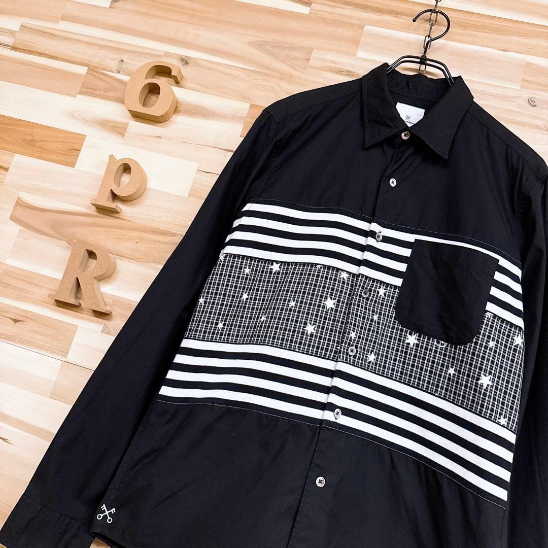 ユニフォームエクスペリメント ドッキング長袖シャツ ボーダー スター星 黒×白ホワイト モノトーン