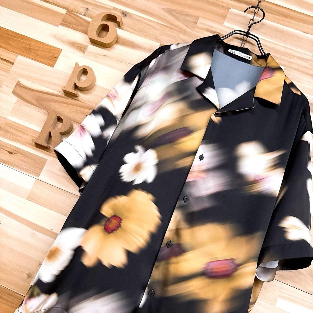 ザラ フラワー 花柄 ぼかし プリント 半袖シャツ 花 M 黒×黄