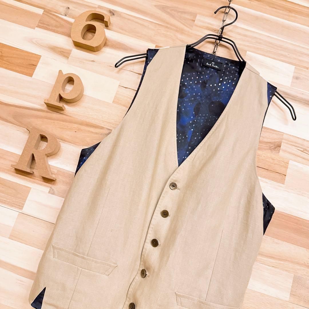 ポールスミス 麻リネン綿コットン 切り替え ドット柄 ベスト M ベージュ×黒ブラック