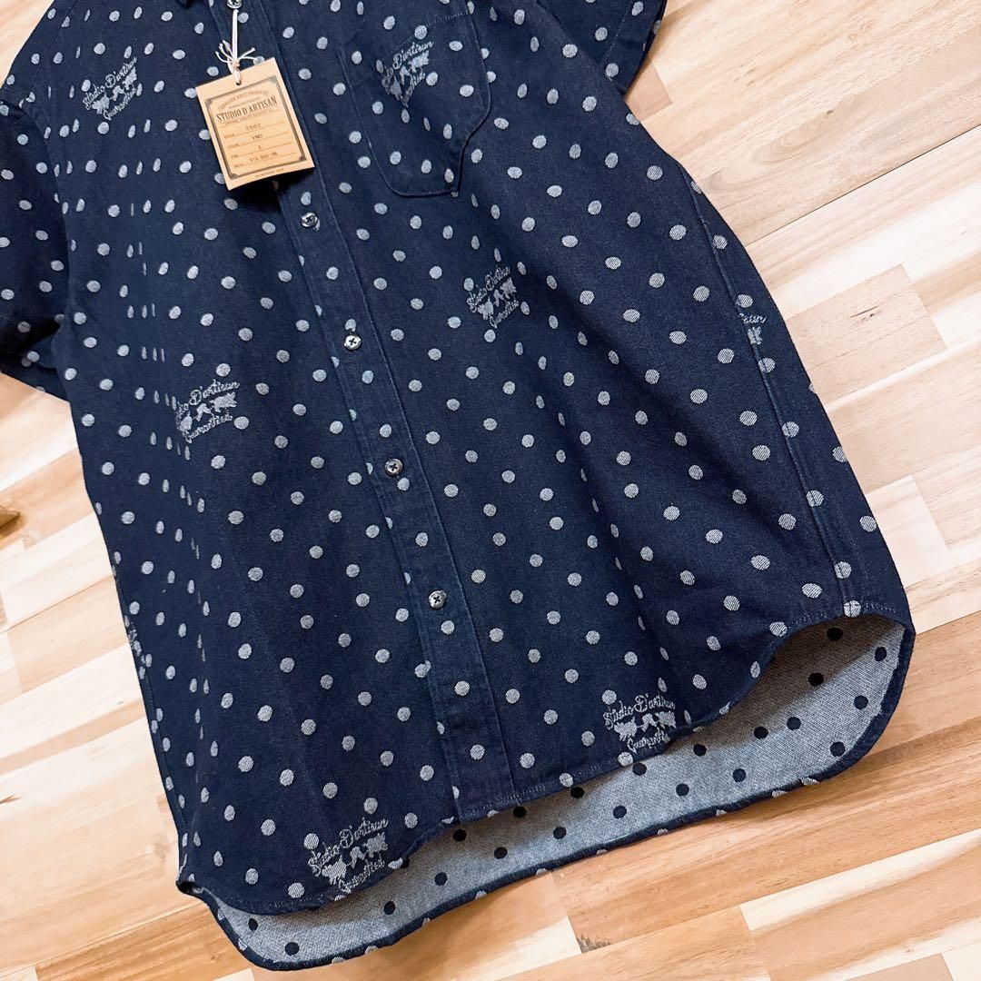 復活の ステュディオダルチザン 水玉ドット柄 デニム 半袖シャツ L 紺 全品75％割引きです！