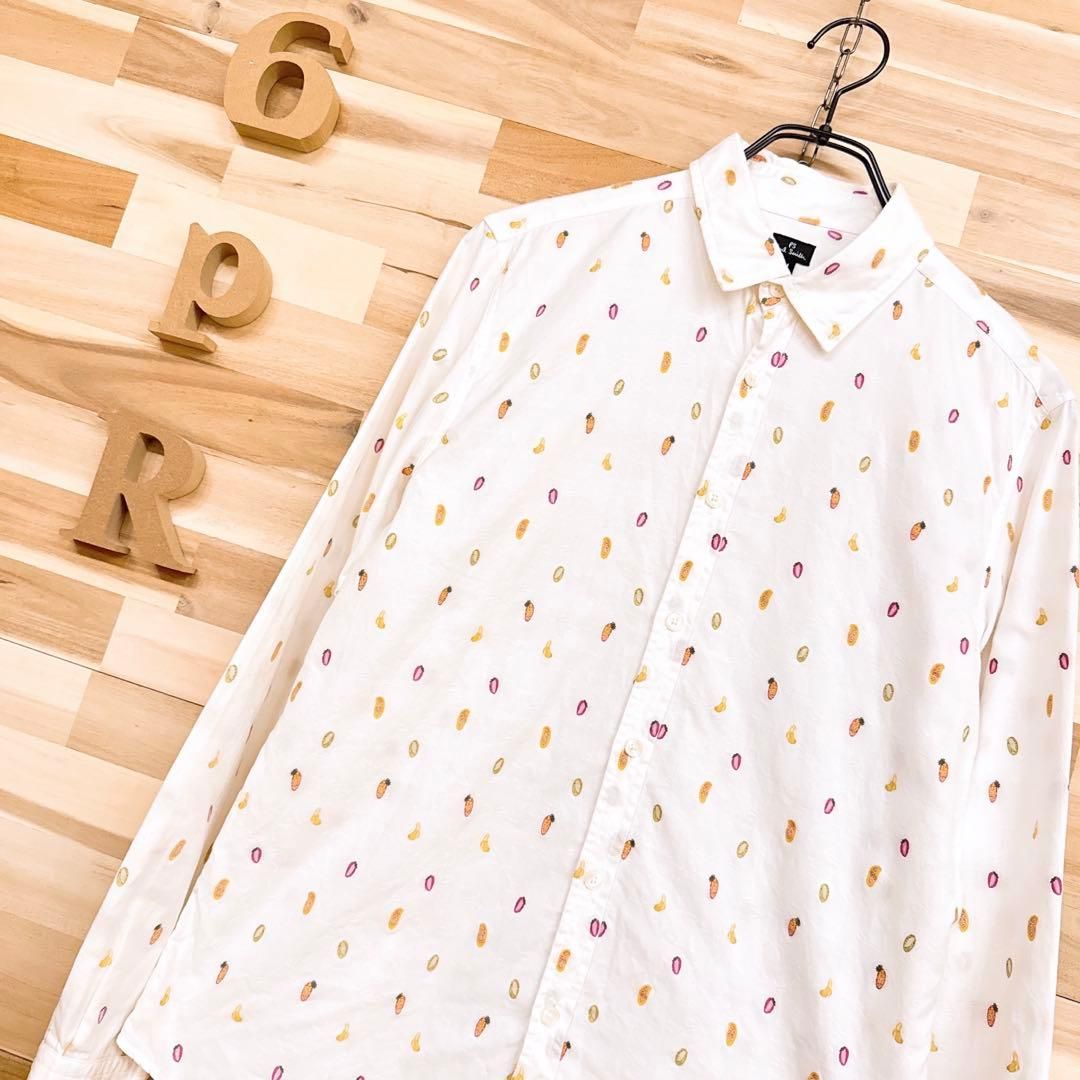 ポールスミス ジャガード フルーツ 長袖シャツ 総柄 コットンM 白×カラフル