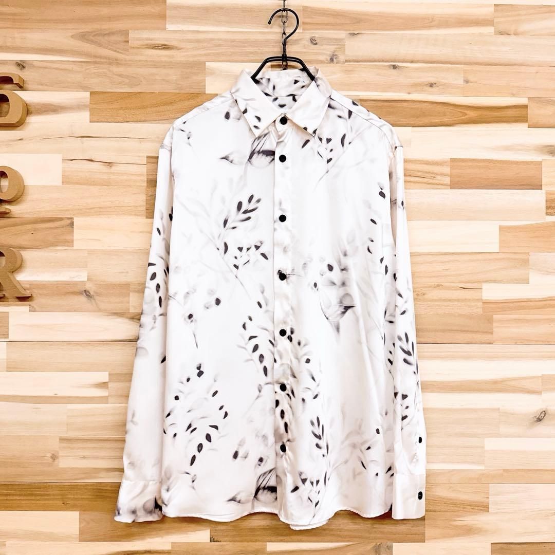 ザラ ブラー ボタニカル ぼかしプリント デザイン 長袖シャツ S 白×黒ブラック モノトーン