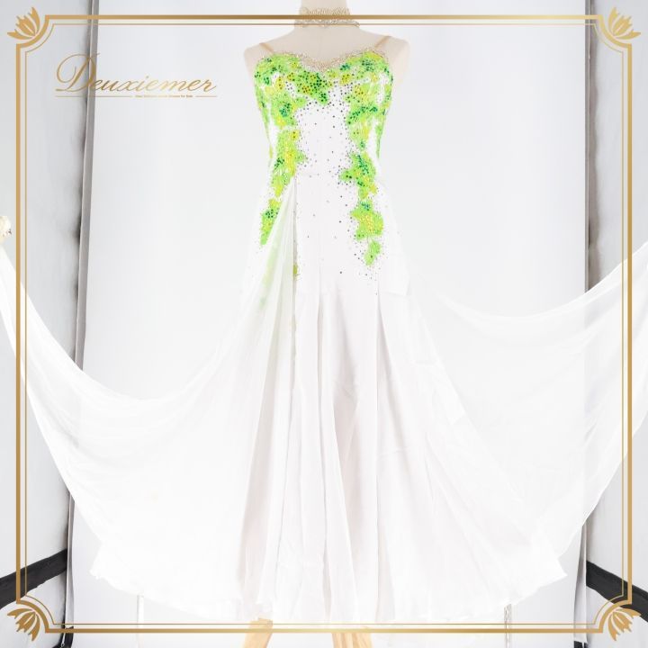 社交ダンス 衣装 ジャンティ gentil ドレス ワンピース ドレス フロート 白 緑 黄緑 デモ 競技 パーティ 発表会 落ち感 ホワイト系 グリーン系 ドレス 女性用 エレガント おしゃれ サイズM 競技用 ダンスウェア