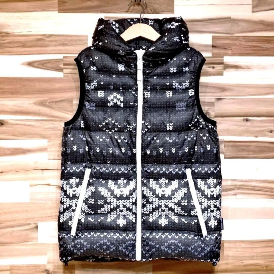 ヘリーハンセン ハート フェザー混ダウン ベスト 総柄 M グレー 白