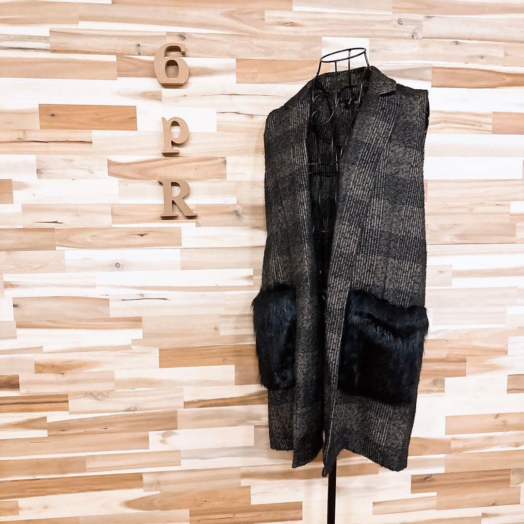 ザラ ウール テーラード ロング ベスト チェック柄 M ベージュ×黒