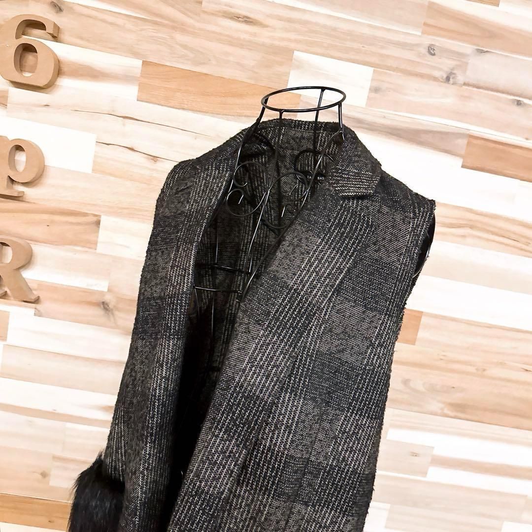 ザラ ウール テーラード ロング ベスト チェック柄 M ベージュ×黒