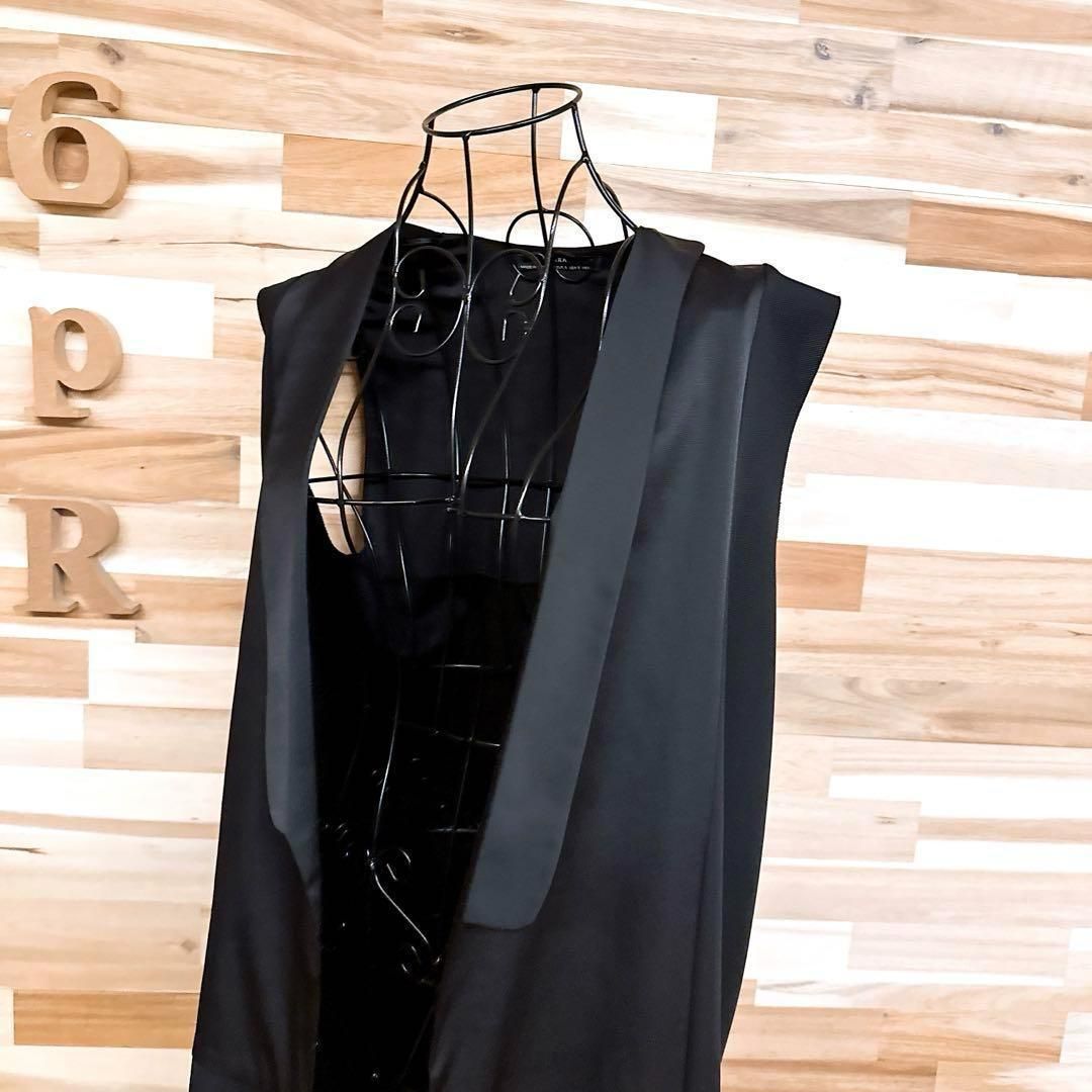 ザラ 異素材 切り替え カットオフ ロング オープン ベスト S 黒ブラック