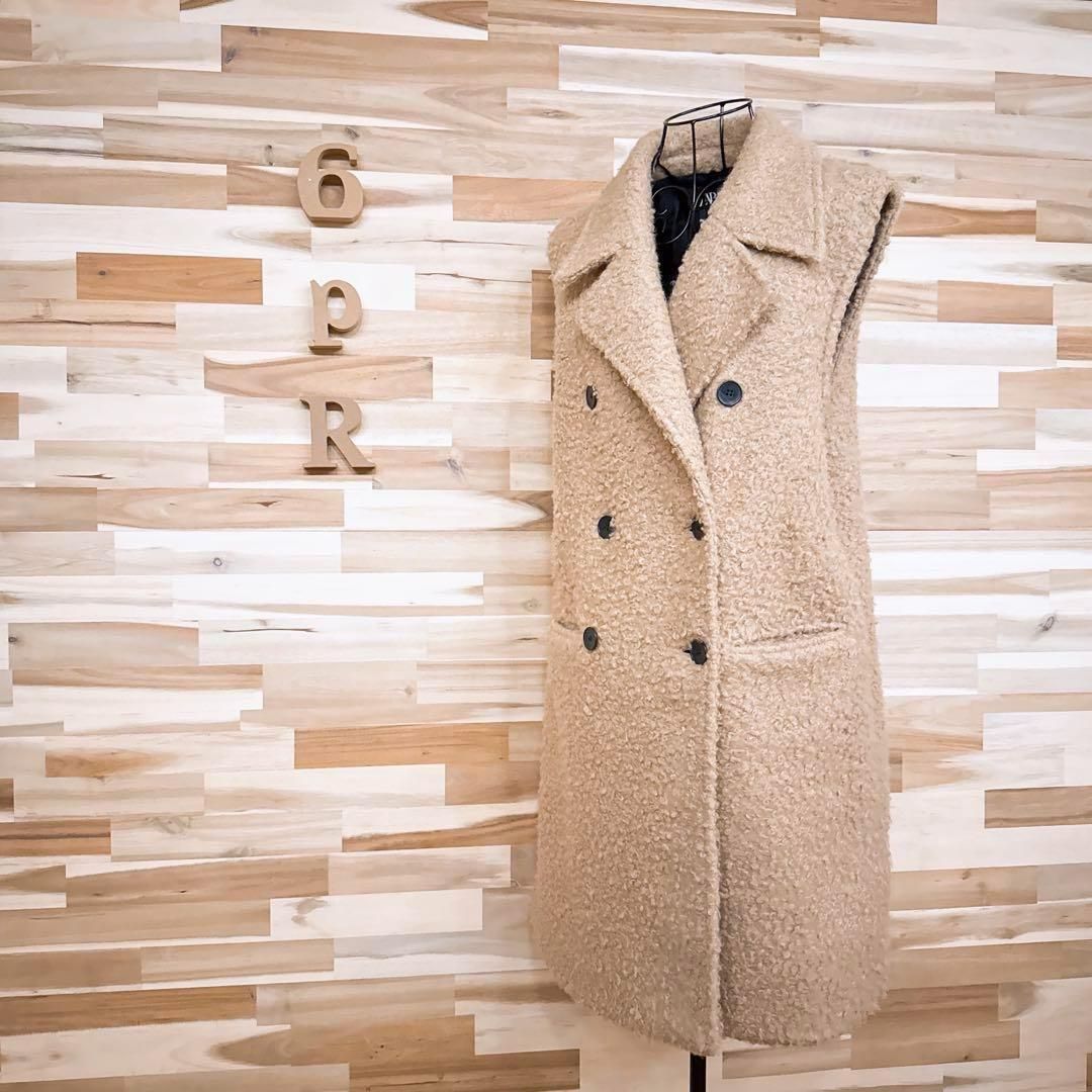 ザラ ボア プードル ロング ベスト コート モコモコ M ベージュ×黒