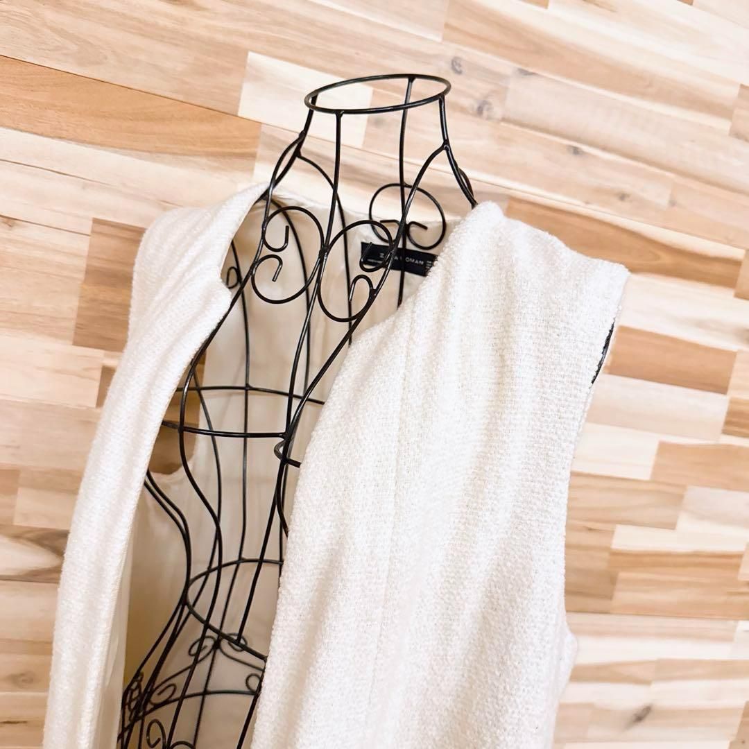 ザラ ウール ブレンド ツイード織 ノー ロング ベスト M 白ホワイト